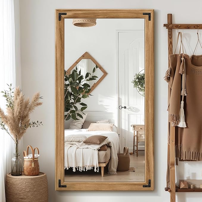 TRAHOME Full Length Mirror with Wooden Frame, 55"X30" Solid Wood Standing Floor Mirror for Farmhouse, Bathroom, Bedroom Decor, Hanging or Leaning Wall-Mounted