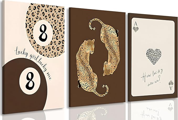 3pcs Framed Trendy Leopard Canvas Wall Art Funky Lucky 8 Ball Posters Prints Preppy Room Aesthetic brown Cheetah Prints Wall Decor Pictures for living room Bedroom Dorm Apartment