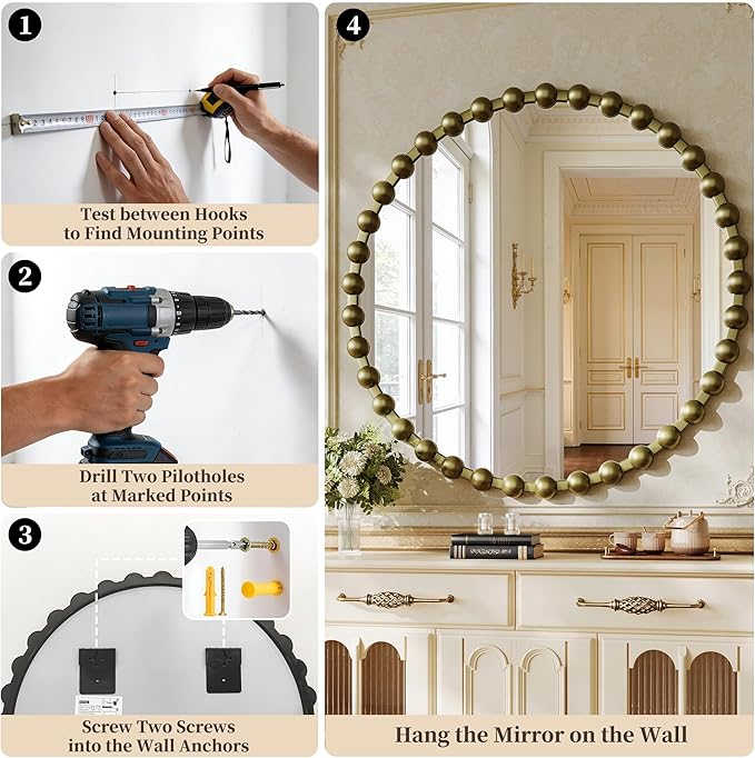 Round Vintage Vanity Mirror, 24 Inch Beaded Frame Circle Wall Mirror for Bathroom, Bedroom Dresser, Entryway, Living Room, Decorative Hanging Wall Mirror, Bronze