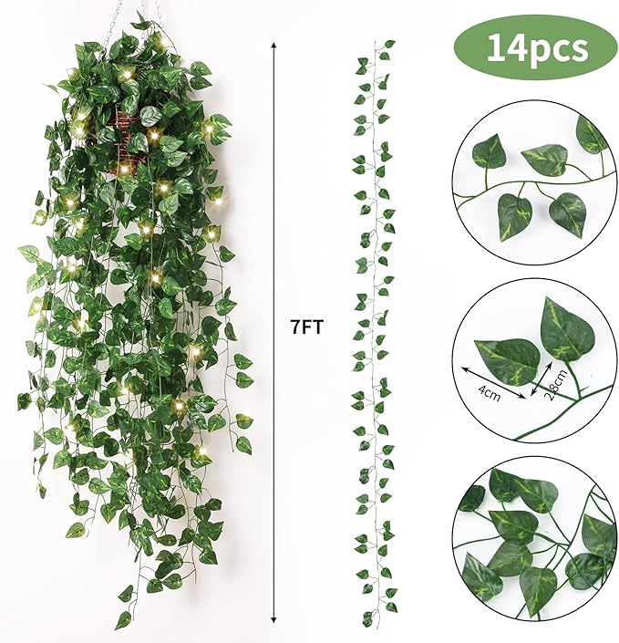 CEWOR 14 Pack 98ft Fake Ivy Vines, Artificial Ivy Garland with 100 LED String Lights, Hanging Plants Greenery Backdrop Green Leaves for Bedroom Room Wall Decor Wedding Party Table Decoration