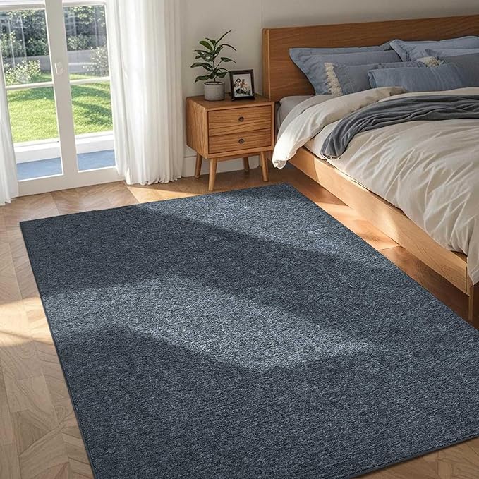 FinRèc 4x6 Washable Area Rugs for Bedroom Living Room, Low Pile Thin Rug Solid Color, Non-Slip Carpet Indoor for Home Decor (Navy Blue/White)