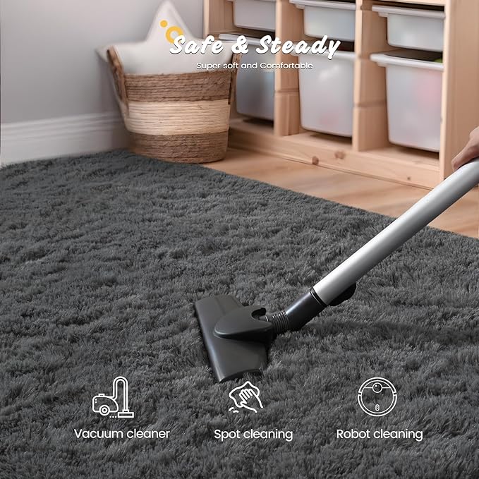 Soft Area Rugs for Bedroom Living Room Plush Fluffy Rug 9x11 Feet, Shag Furry Area Rug Carpet Non Shedding for Nursery Children Kids Girls Room Home Decorative, Dark Gray