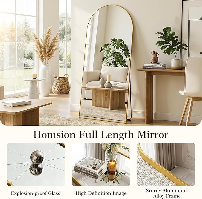 69"x28" Arched Full Length Mirror with Stand, Free Standing Leaning Wall Mounted Aluminum Alloy Frame Mirror for Bedroom Living Room Cloakroom, Gold