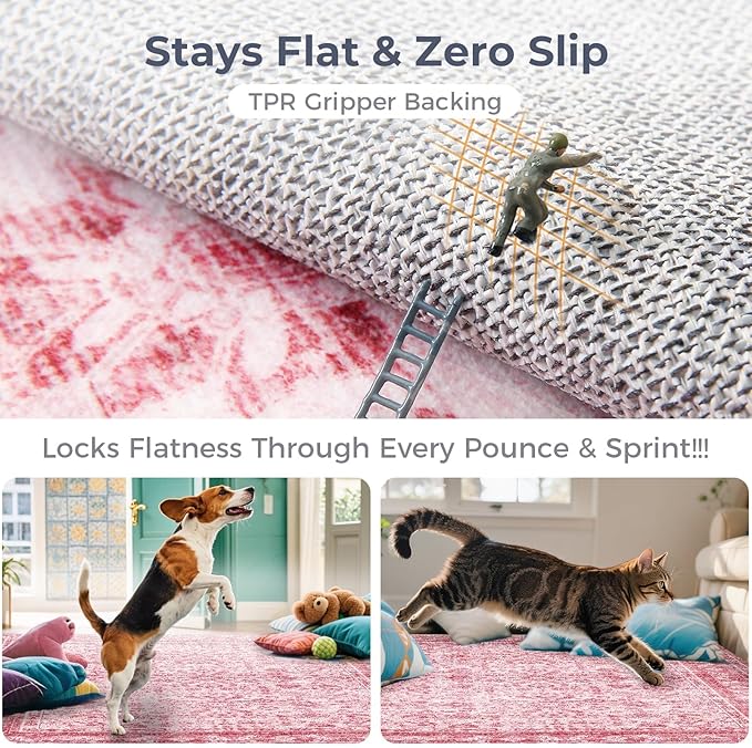 OPPODREAM Vintage Pink Area Rugs 5x7, 5 x 7 Retro Washable Rug Non Slip, Low-Pile Faux Wool Carpet, Distressed Floor Mat for Living Room, Bedroom, Kitchen, Office, Dorm, Dinning Room
