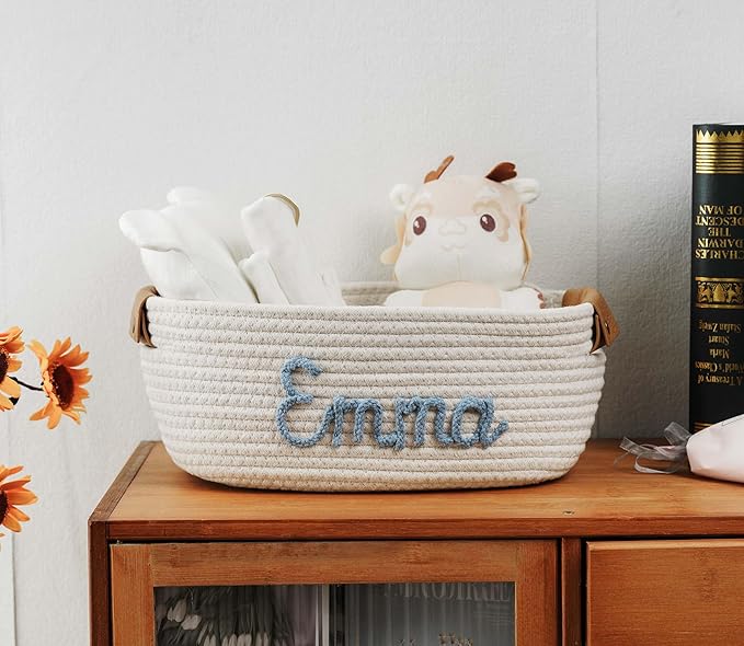 JUPPE Baptism and Newborn Baby Show Gift Basket with Personalized Name, Toys and Storage Organizer Custom Baby Shower Basket Gift Cotton Rope Basket Gift Nursery Decor Newborn Gifts (Style 1)