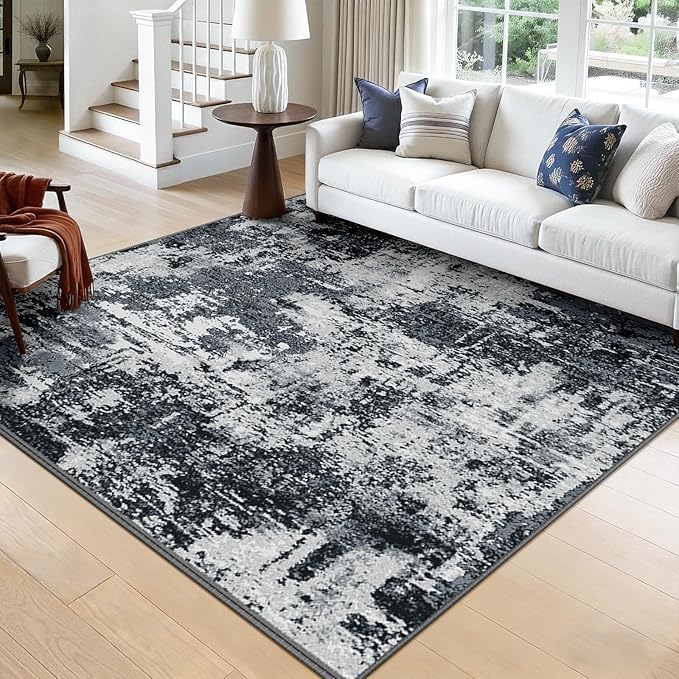 RELEANY Washable Area Rugs Square 8ft Non-Slip Modern Abstract Soft for Living Room Entryway Bedroom Nursery, Print Pattern, Black Navy Blue Gray
