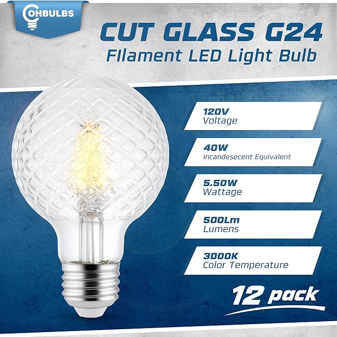 Decorative Light Bulb (12-Pack) 5.5 Watt G25 LED Filament Bulb E26 Medium Base (40W Equivalent) 3000K Warm White, 500 Lumens, Dimmable, Cut Glass Clear Decorative Light Bulbs