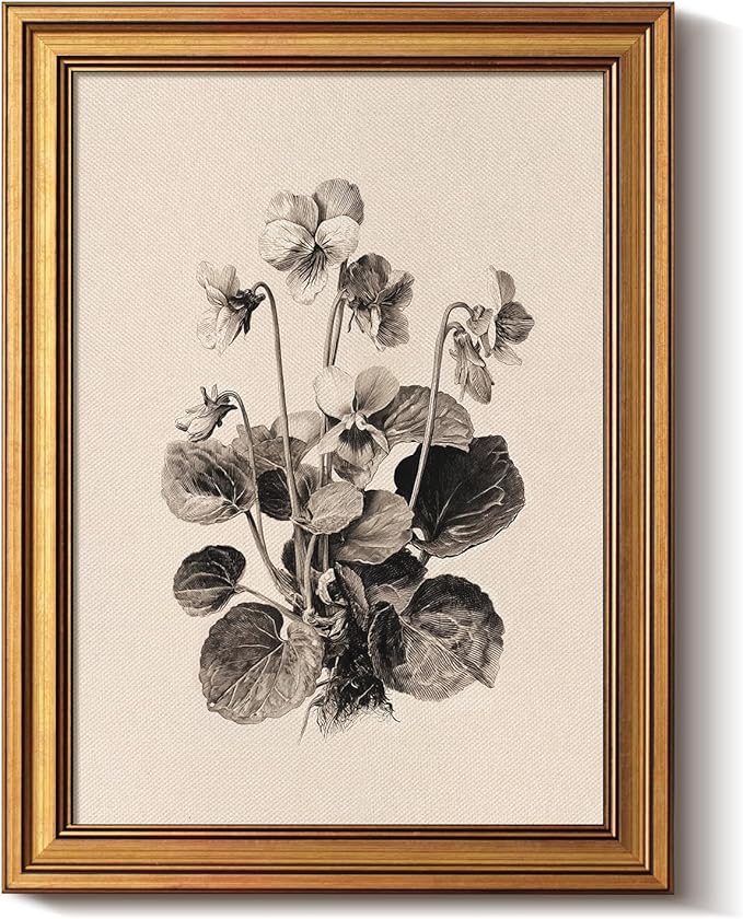 Bzstyleart Vintage Wall Art Decor for Living Room, Gold Framed Flower Wall Art Vintage Travel, Sketching Painting Picture, Home Decor Aesthetic for Kitchen Bathroom, Viola Sororia, 12L x 16W