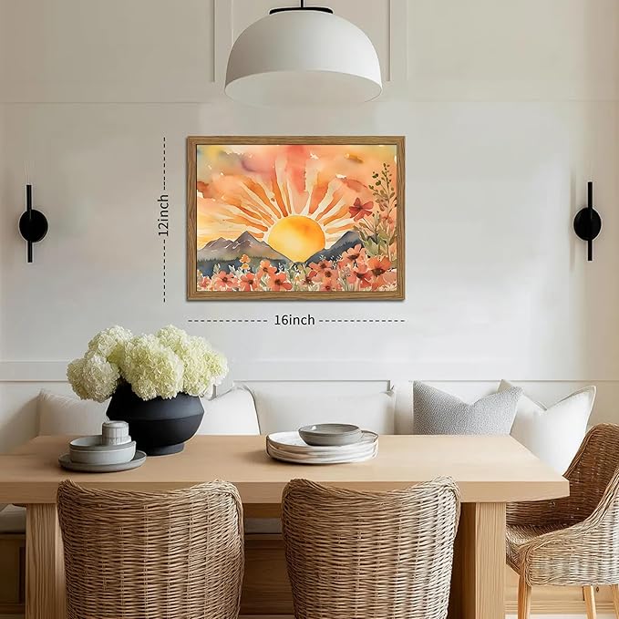 Framed Sunset Boho Wall Art for Living Room - Modern Abstract Floral Canvas Picture Boho Wall Decor, Sun Landscape Aesthetic Painting Poster Prints for Bedroom Home Office 12x16 inch