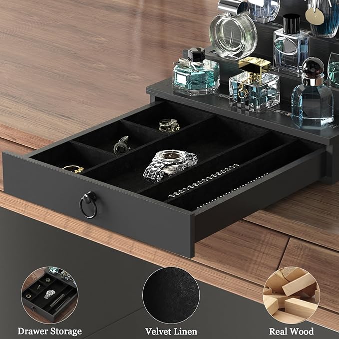 LED Lighted Cologne Organizer for Men, 4 Tier Wood Perfume Organizer with Velvet Lined Drawer, Multi Lighting Modes Perfume Display Holder with Remote Control, Cologne Shelf Stand, Nice Gift for Men