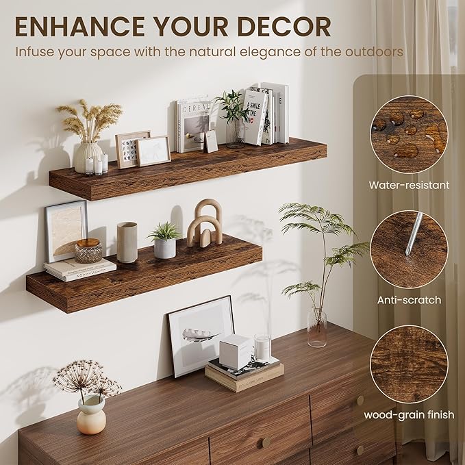 Fun Memories 12" Deep Floating Shelves for Wall, 36" W x 12" D Floating Shelves, Long Wood Floating Wall Shelf for Living Room Bathroom Bedroom Kitchen, Rustic Brown, Set of 2