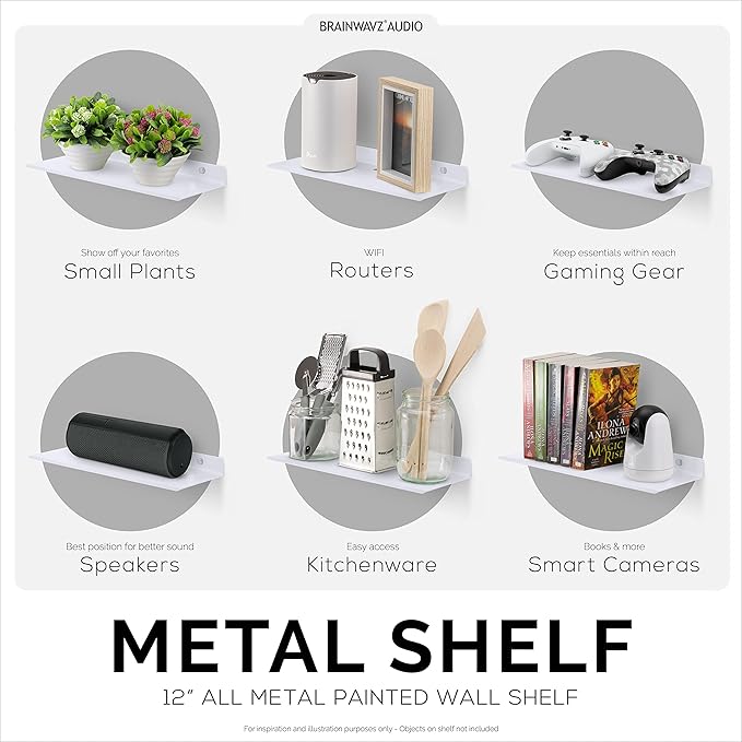 2-Pack 6" Floating Metal Wall Shelf for Books, Organizer, Speakers, Plants, Cameras, Books, Decor Display, Storage, Routers & More Wide Universal Holder Shelf by Brainwavz (White)