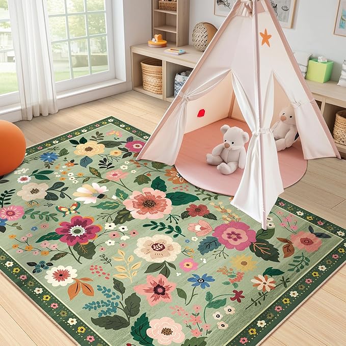 RELEANY Floral Nursery 3x5 Area Rugs Washable Print Boho Cute Carpet Non Slip Flower Low Pile for Living Room Kids Girls Playroom Bedroom Kitchen Office Farmhouse-Light Green