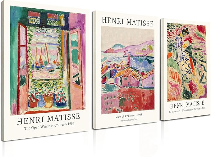 Induslyfe Framed Retro Vintage Wall Art Canvas Decor Set of 3, Matisse Wall Art Prints Poster Mid Century Modern Art, Sage Green Aesthetic Floral Botanical wall art, bedroom living room bathroom 12x16
