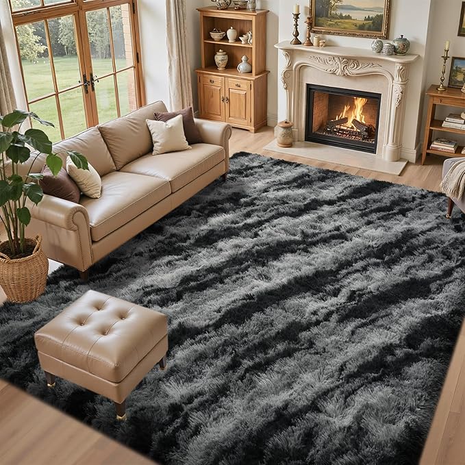 5x7 Ft Large Shag Rug for Living Room Bedroom,Tie-Dyed Ultra Soft Fluffy Furry Area Rug, Aesthetic Carpet for Indoor Floor Home Decor (Black)