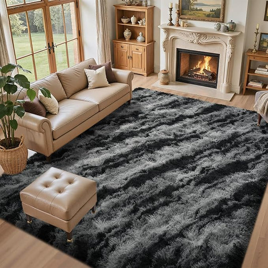 5x7 Ft Large Shag Rug for Living Room Bedroom,Tie-Dyed Ultra Soft Fluffy Furry Area Rug, Aesthetic Carpet for Indoor Floor Home Decor (Black)