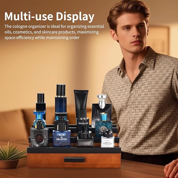 Perfume Organizer for Men, 3 Tier Wood Perfume Display Stand with Velvet Lining Drawer and Hidden Compartment for Watch,Jewelry,Perfume Display Risers,A Gift for Men (Black+Walnut)