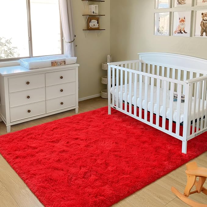 BENRON Fluffy Rugs for Living Room 6x9 Red, Washable Large Area Rugs for Bedroom Dining Table Office Kids Nursery Room, Washable Indoor Floor Carpets
