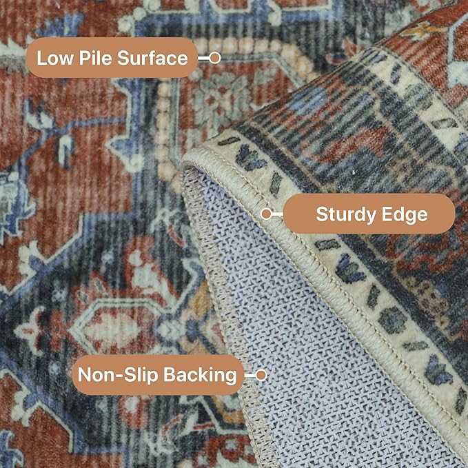 GENIMO 3x5 Area Rugs for Living Room, Machine Washable Non Slip Vintage Rugs, Low Pile Lightweight Chenille Print Rug for Bedroom, Dining Room, Home Office,Bordeaux