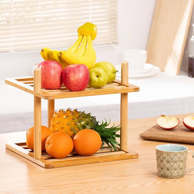 2-Tier Expandable Bamboo Corner Shelf - Dish/Plate Organizer for Cabinet, Kitchen Counter Shelf & Small Kitchen Shelf, Adjustable (1, Natural, 6.7" H-Large)