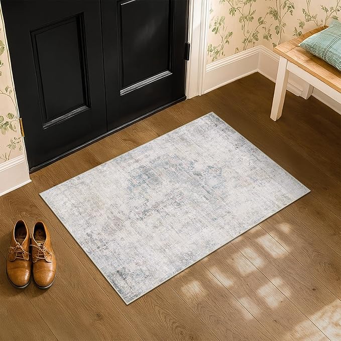 Blue and Gray 2x3 Washable Rug for Bathroom, Entryway Indoor, Kitchen Floor Waterproof, Powder Room, Non Slip Low Pile Stain & Fade Resistant Small Throw Rug, Modern Abstract Decor