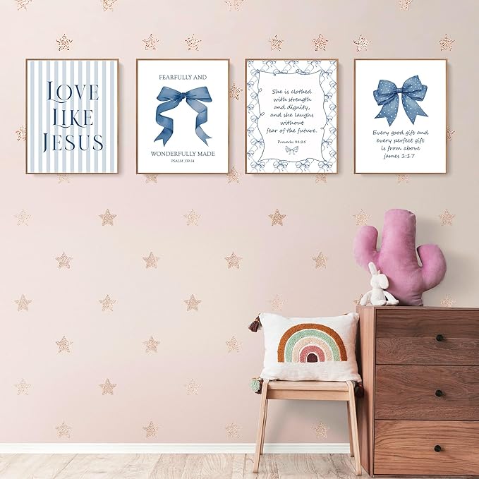 LARTSFRO Coquette Navy Blue Bow Jesus Wall Art Decor Posters, Blue Bow Christian Room Bedroom Bathroom Wall Art Decor Aesthetic for Teen Girls College Gifts, Inspirational Bible Verses Bow Wall Decor, 10x8 Inch Set of 4 Bow Pictures(UNFRAMED)