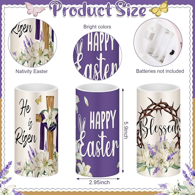 Retisee 3 Pcs He is Risen Easter LED Candles Cross Easter Flameless Candles Battery Operated with Remote Christian Bunny Flower Rabbit Spring Decor for Bedroom Living Room Decorative