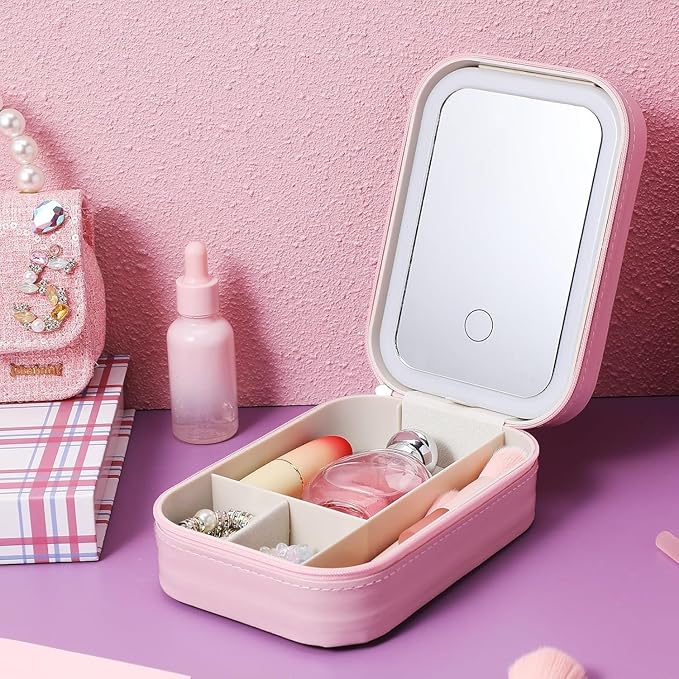 Adjustable Brightness Travel Makeup Case with LED Lighted Mirror Compact Small Organizer Bag with Divided Storage for Makeup and Jewelry Portable Rechargeable Vanity Box for Women