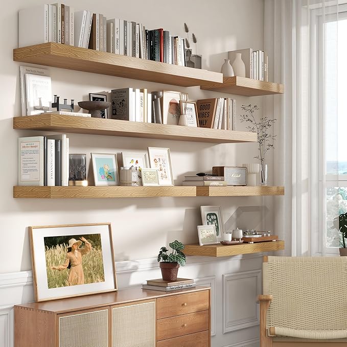 FLYJOE 12 Inch Deep Floating Shelves | 55 Inch Oak Floating Shelves | 55" W x 12" D Rustic Wood Shelves for Wall | Deep Oak Shelves for Living Room Bathroom Laundry Room Kitchen