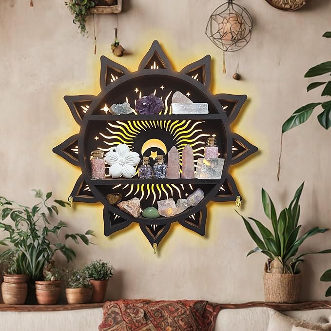 Chakra Lotus Flower Crystal Display Shelf with LED Light, Witchy Home Decor Boho Decorative Wall Mounted Trinket Shelf Wooden Sun Moon Shelf Rock Case Stone Storage Floating Hanging Holder