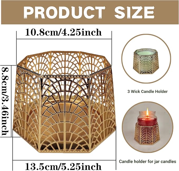 3 Wick Candle Holder, Golden Shell Design Candle Jar Holder for 4-Inch Diameter Jars (5.25" D x 3.5" H) (Golden)