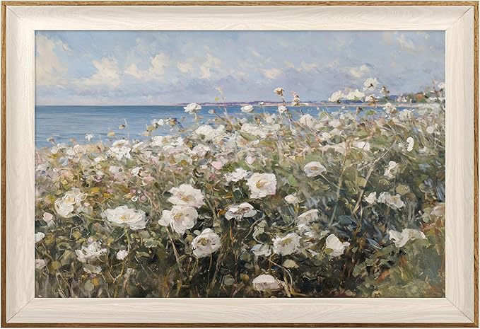 ASTRDECOR Framed Canvas Wall Art Room Decor, Vintage Landscape Wall Art for Home Decor Aesthetic Artwork, Coastal Scenery Nature White Wildflowers Oil Painting Pictures Bathroom Wall Decor 16''x24''