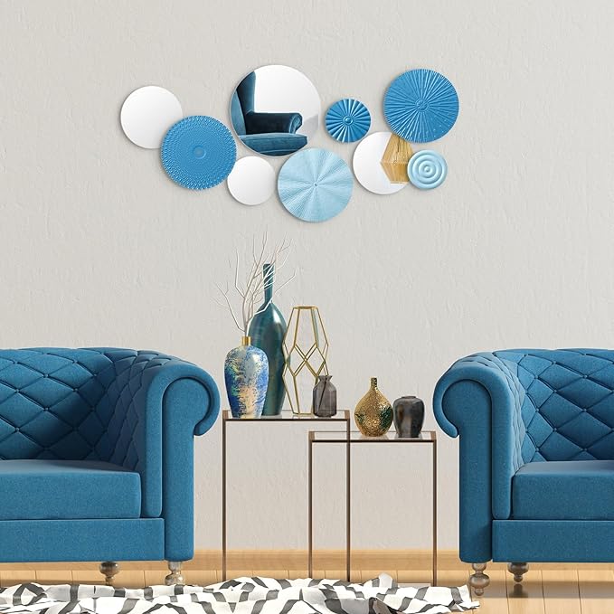 Blulu 9 Pcs Blue Mirror Wall Decor Metal Round Home Art Decor Decorative Modern Circle Mirror Wall Art Sculpture Hanging Decorations for Home Living Room Office
