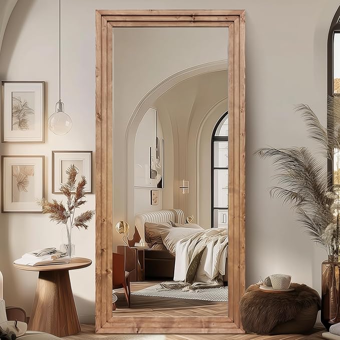 Full Length Wood Mirror 76x34 Rustic Solid Wood Floor Mirror with Triple Layer Frame, HD Tempered Glass, Wall Mounted or Leaning Standing Mirror Light Brown Mirror for Bedroom Bathroom Living Room