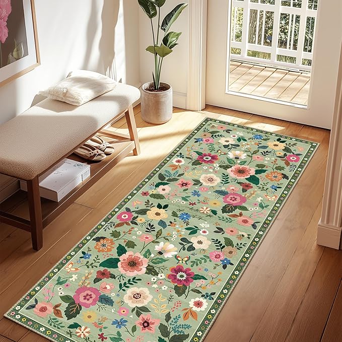 RELEANY Floral Nursery 2x6 Area Rugs Washable Print Boho Cute Carpet Non Slip Flower Low Pile for Living Room Kids Girls Playroom Bedroom Kitchen Office Farmhouse-Light Green