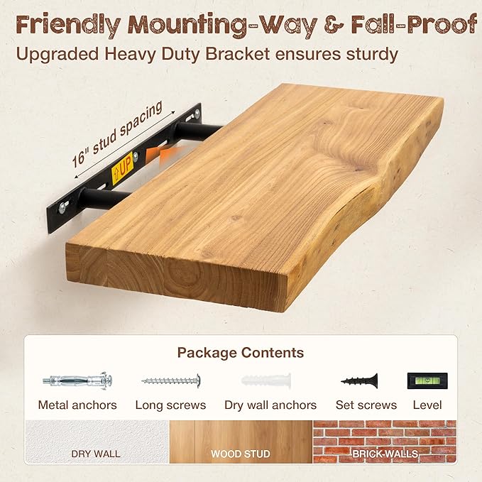 fuqing Live Edge Floating Shelves for Wall 30 inch, 8 Inch Deep Solid Elm Wood Floating Wall Shelves - Rustic Wooden Shelves with Invisible Brackets for Living Room Bedroom Kitchen, 2 Pack, Natural