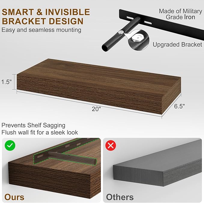 Fun Memories Floating Shelves for Wall, 20 Inch Floating Shelves Set of 2, Hanging Shelf with Invisible Brackets, Wood Shelves for Living Room, Bedroom, Kitchen, Walnut