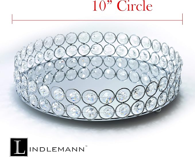 Crystal Decorative Tray Metal Mirrored Perfume Cosmetic Organizer Jewelry Trinket Display Storage Vanity Trays Home Décor Accents Luxury Gift (Round, 10in, Silver)
