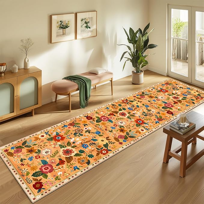 RELEANY Floral Nursery 2x8 Area Rugs Washable Print Boho Cute Carpet Non Slip Flower Low Pile for Living Room Kids Girls Playroom Bedroom Kitchen Office Farmhouse-Yellow/Orange