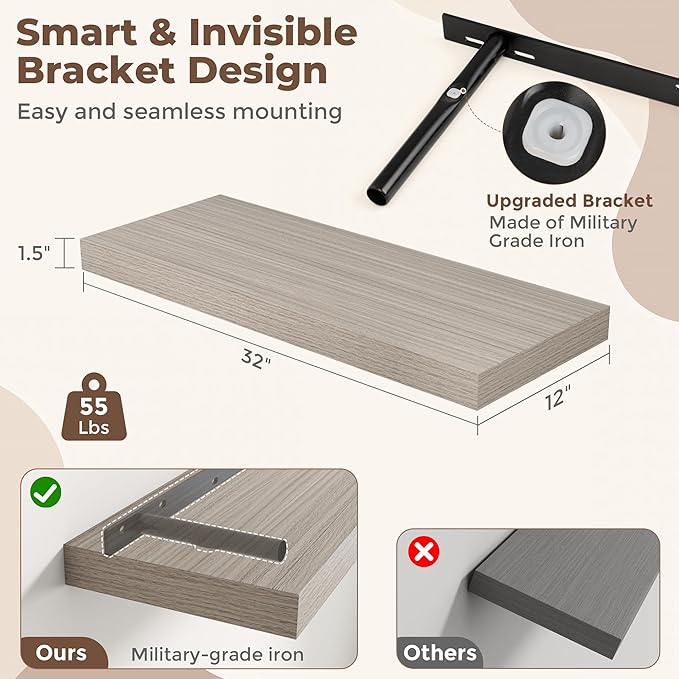 Fun Memories 32 Inch Grey Floating Shelves for Wall, 12 Inch Deep Shelves for Bathroom|Kitchen|Bedroom, Wall Mounted Rustic Wood Floating Shelf with Invisible Brackets for Books|Storage|Decor, 2 Pack