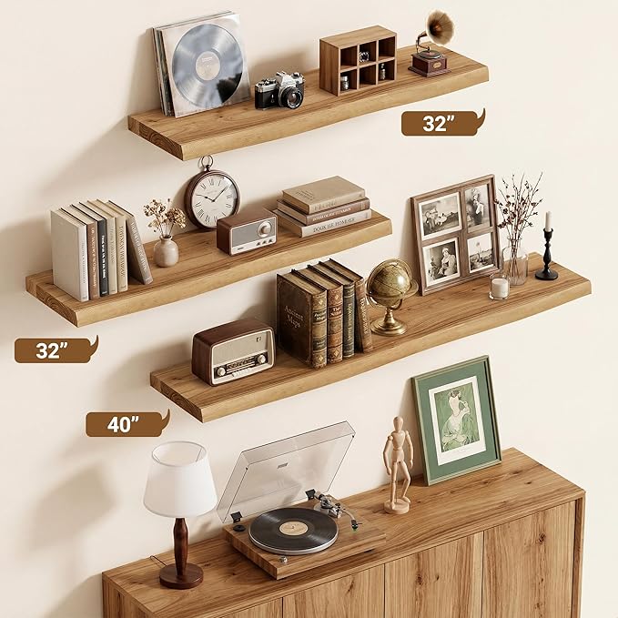 Vivelove Live Edge Floating Shelves for Wall Solid Elm Wood, Rustic Farmhouse Wall Shelf with Invisible Bracket for Living Room Bedroom Bathroom Office Book, 40 Inches - Set of 2 - Natural