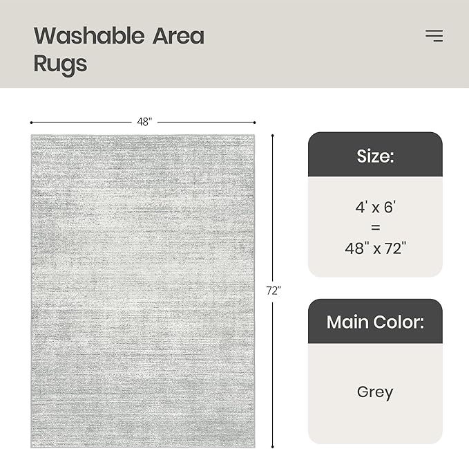 Valenrug Washable Rugs 4x6 - Stain Resistant 4x6 Area Rugs for Living Room, Non Slip Backing Printed Rugs for Bedroom, Folable Machine Washable Area Rug(4'x6', Grey)