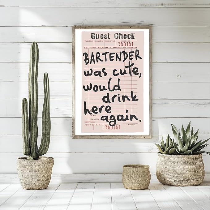 Fun Bar Canvas Wall Art, Bar Cart Accessories and Decor, Trendy Preppy Black White Retro Guest Check Wall Decor, Vintage Art Poster for Home Kitchen Wall Decoration, Unframed Artwork Prints, 16"x24"
