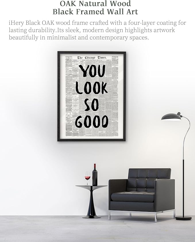 iHery Premium Natural Black OAK Wood 12x16in You Look So Good Trendy Inspirational Framed Wall Art, Vintage Girl Newspaper Motivational Canvas Wall Decor For Dorm Bedroom Living Room Posters 1Pack