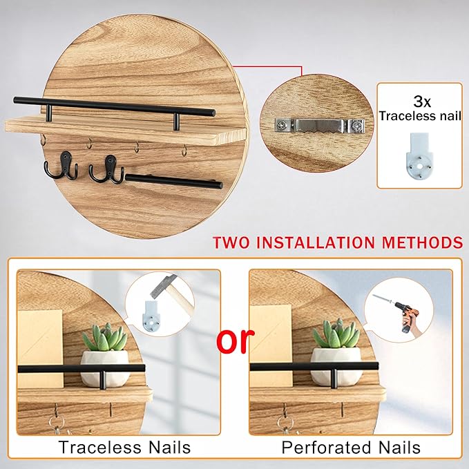 dreampossible Key Holder for Wall Decorative with Shelf and Hooks, Mail Organizer Wall Mount with Sunglasses Holder, Circular Design Entryway Key Rack Hanger, Rustic Home Decor