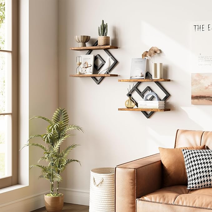 ELYKEN Floating Shelves for Wall, Set of 2 Hanging Shelves, 2-Tier Wall Mounted Storage Shelves for Books & Decor, Perfect for Living Room, Bedroom, Kitchen, Home Office, Study, Rustic Brown