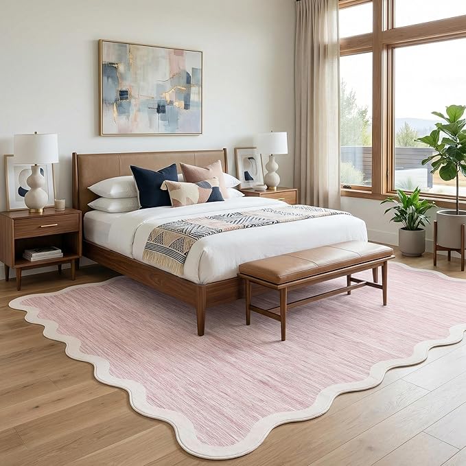 GarveeHome Scalloped Living Room Rug 5x7 Area Rug Washable Area Rug for Bedroom Modern Abstract Pink Kids Rug Non Slip Throw Rugs Soft Low Pile Stain Resistant Carpet for Dining Room 5'x7' Pink