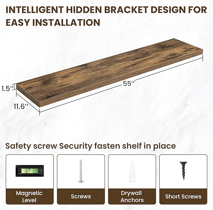 Acovy 55 Inch Floating Shelves, 12 Inch Deep Floating Shelves for Wall, Floating Shelf with Invisible Brackets, Deep Shelves for Bathroom, Bedroom, Living Room, 1 Pack, Brown