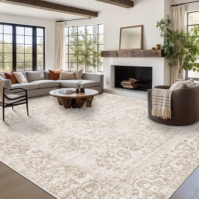 Rugxara 9x12 Extra Large Washable Area Rug, Soft Neutral Vintage Boho Rug for Living Room, Bedroom, Office, Farmhouse, Low Pile Imitation Wool Non Slip Carpet Ideal for High-Traffic Areas, Light Brown