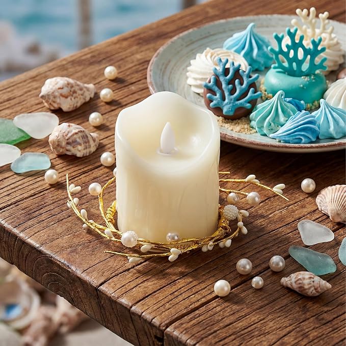 Daifunli 2 Pcs Pearl White Berry and Pip Gold Wire Candle Rings Vintage Pip Berries Wreaths for Pillar 3.9 Inch Candles Holder for Summer Ocean Beach Rustic Table Centerpiece Decor